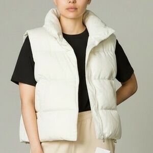 QIESANI Women Puffer Vest Ivory Cream Quilted Stand Collar Oversized XL